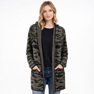 Rachel Zoe Cardigan Sweater Womens Medium Green Camo Hooded Open Front Pockets